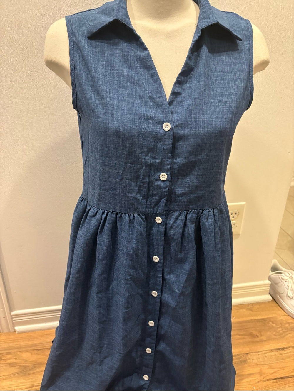 Sleeveless Blue Button-Front Midi Dress